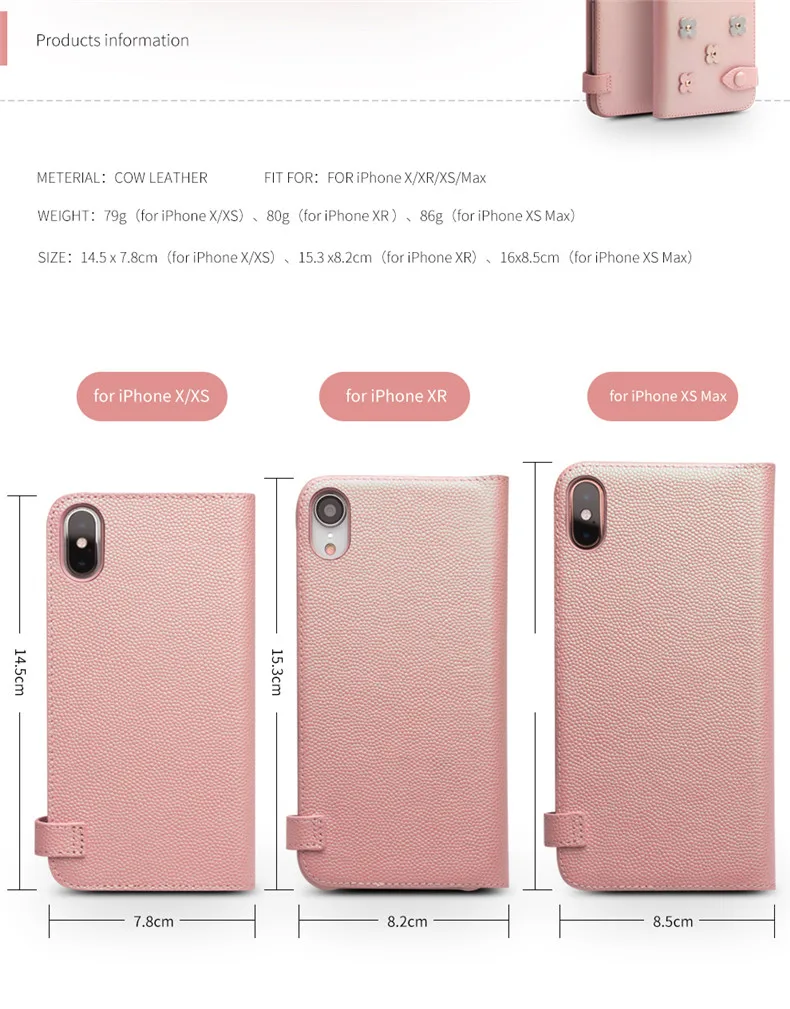 QIALINO, милый розовый чехол из натуральной кожи для телефона iPhone X/XS, милый чехол с откидной крышкой Sakura для девочки или леди, для iPhone XR/XS Max