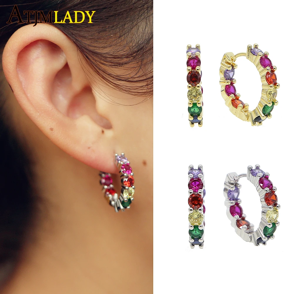 summer 22MM rainbow cz hoop earring gold silver 2 colors Round cubic zirconia bright Boho Bohemia european hot fashion earrings
