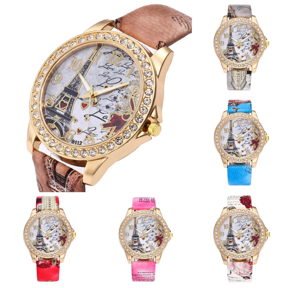 Aimecor Fashion Bohemian Wind Vintage Paris Eiffel Women watch women Crystal Leather Quartz Wristwatch ladies 68 | Наручные часы