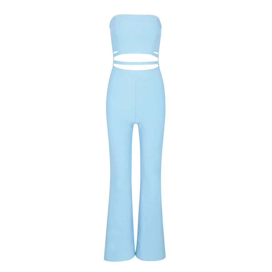 Женский комбинезон без бретелек с вырезами и открытой спиной синее шикарное