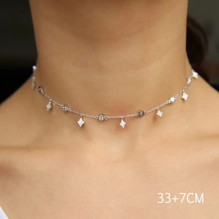 Platinum Plated Новинка, женский сексуальный многослойный Блестящий кубический цирконий, рождественский подарок, луна, звезда, подвеска, серебряный чокер, Серебряное колье, 925 CZ Ожерелье - Окраска металла: Platinum Plated