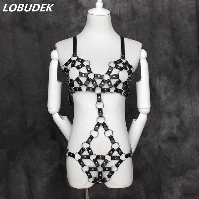 Black rivet sexy hollow out bodysuit Occident punk style bandage Bodysuit Bar nightclub female singer DJ JAZZ pole dance Costume | Женская