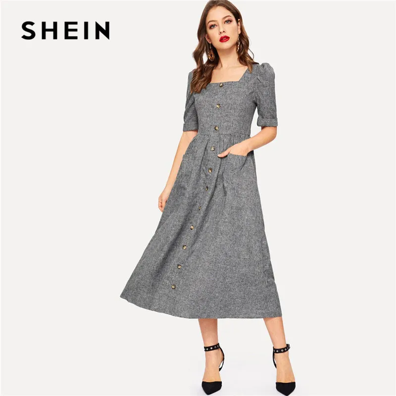 SHEIN Приталенное Макси Платье С Средним Рукавом, Винтажное Длинное Летнее Платье