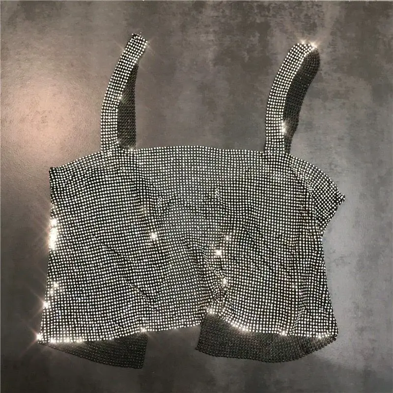 Черный Весна лето Блестящий Полный алмаз цепь горный хрусталь дизайн снаружи ремешок Алмазный жилет - Цвет: Черный