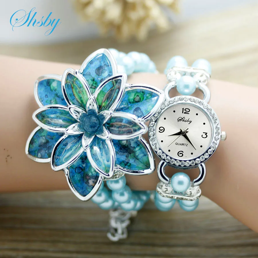 silver blue Shsby, модные женские часы, стразы, женские, жемчужный ремешок, много лепестков, цветок, браслет, кварцевые наручные часы, женские часы под платье - Цвет: silver blue