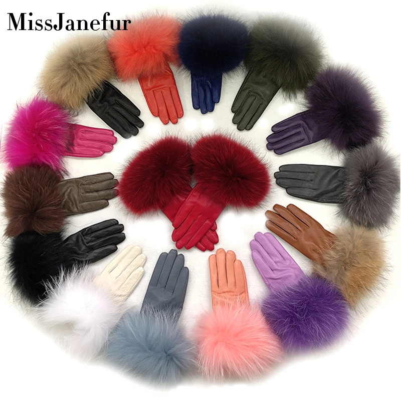 Кожаные перчатки из меха енота манжеты натуральной овечьей кожи цветные женские