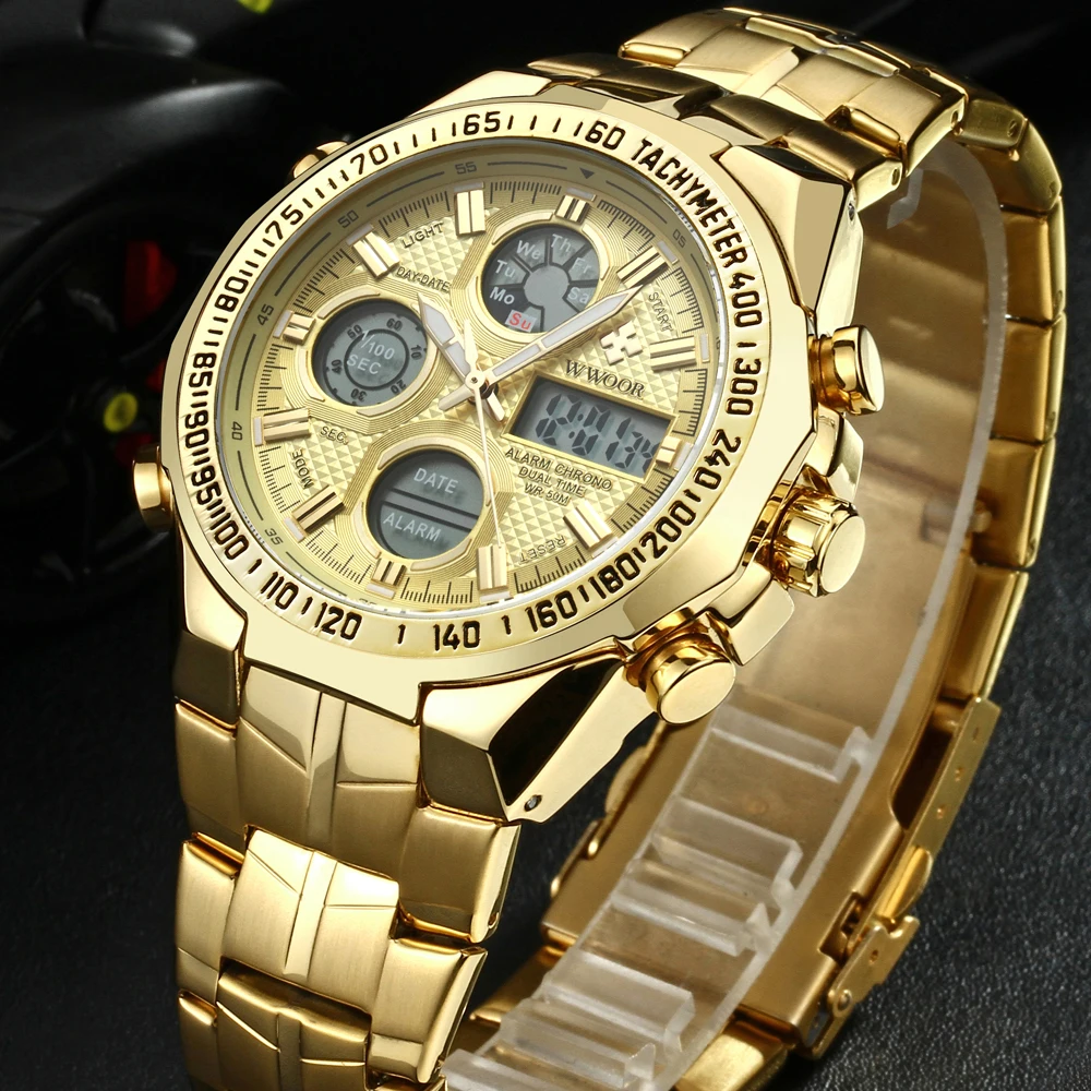 Роскошные Цифровые часы WWOOR мужские кварцевые наручные с двойным дисплеем