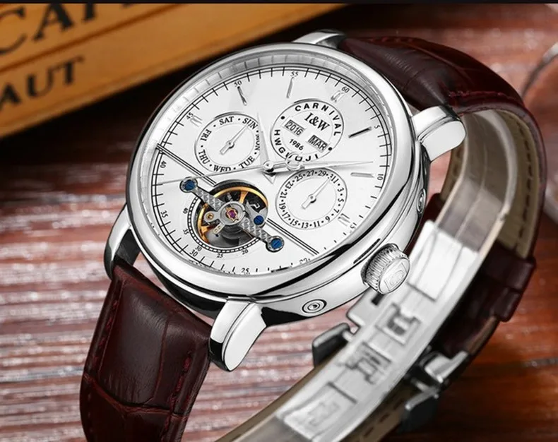 Carnival tourbillon Мужские брендовые автоматические механические часы Роскошные водонепроницаемые часы из натуральной кожи полностью стальные часы homme