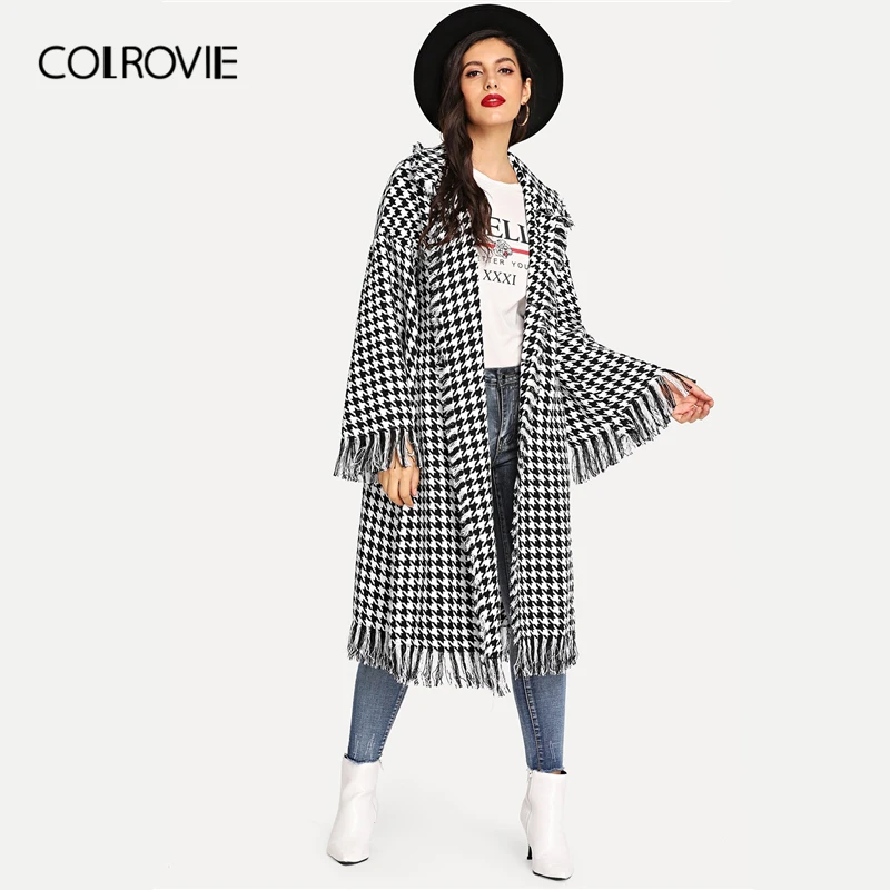 COLROVIE, шаль, воротник, гусиная лапка, рукав-колокол, бахрома, повседневное длинное пальто для женщин, весна, модное пальто для офиса, женская верхняя одежда