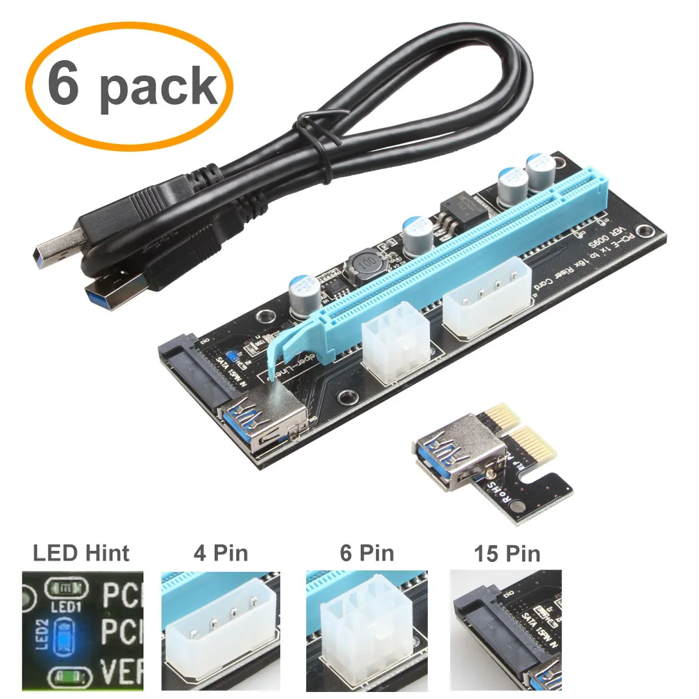 6 Pack V009S PCI-E Riser Express Cable 16x TO 1x (6P / 4P / SATA) With Led Graphics Extension Ethereum ETH Mining Powered Riser