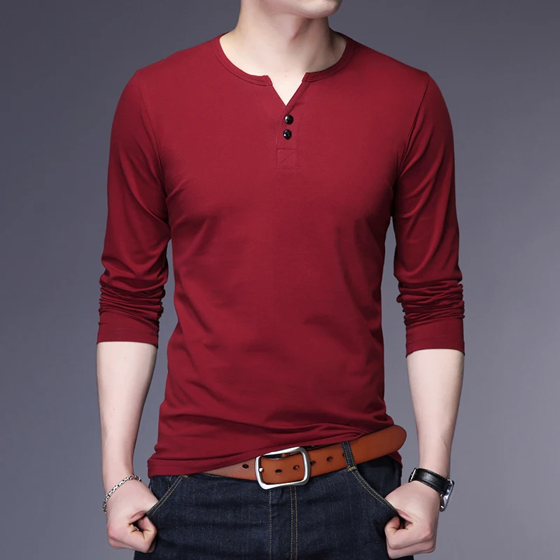 Мужская футболка Новинка весна-осень 2018 с длинным рукавом и воротником Генри