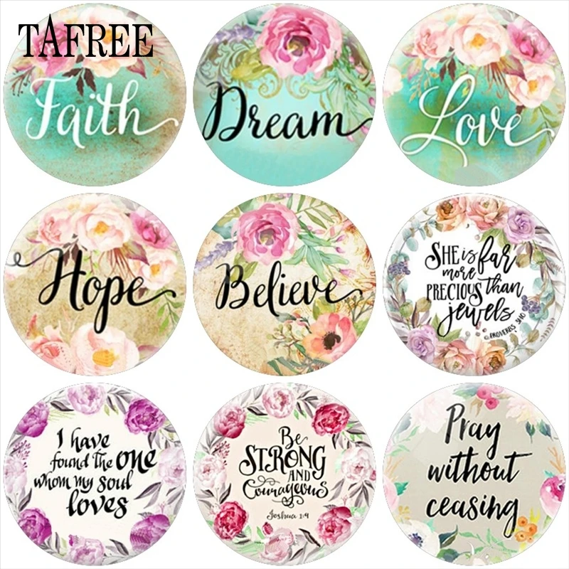 Круглые стеклянные кабошоны TAFREE Faith.Dream.Love демонстрация плоской задней части