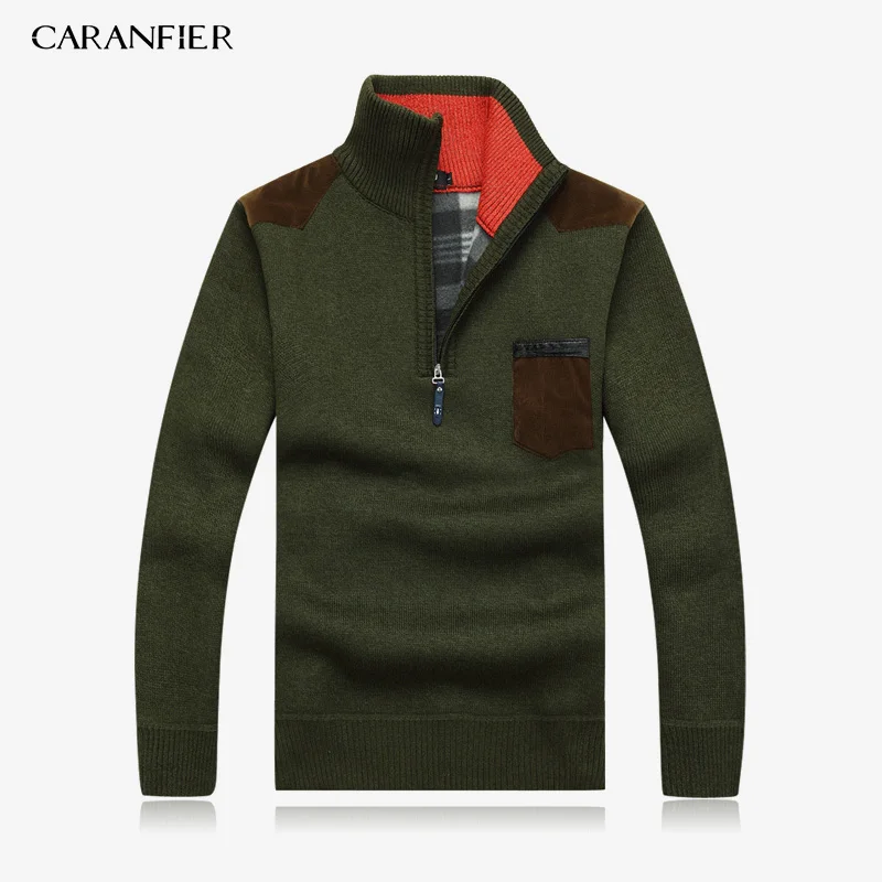 1PCS Green CARANFIER, 3 шт., новинка, мужские свитера, толстые, теплые, зимние, на молнии, пуловер, кашемир, шерсть, свитер, для мужчин, трикотаж, Homme, размера плюс, 3XL - Цвет: 1PCS Green