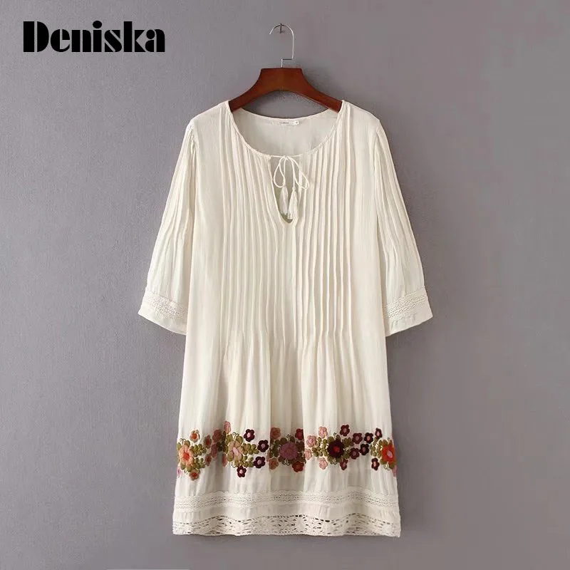 Дениска Модные Бежевые платье Для женщин Boho Богемия Цветочные Вышивка Кружево