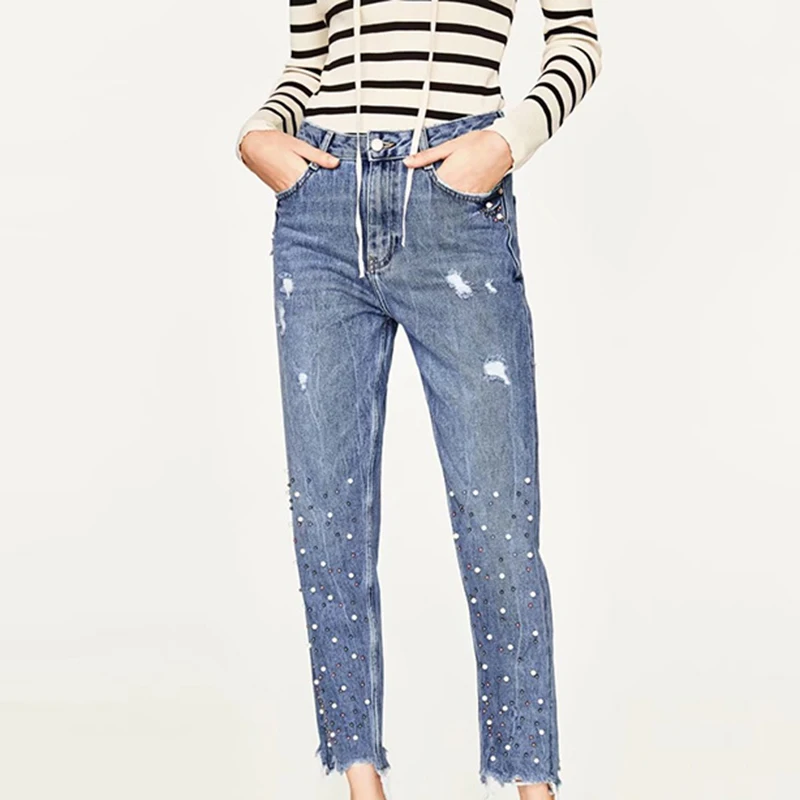 Женские винтажные джинсы с жемчужными бусинами и кисточками модные джинсовые