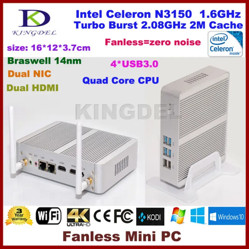 Kingdel Micro Desktop PC Intel 14nm Quad Core N3150 CPU Fanless Business Mini PC Ultra-low-power Nettop Dual HDMI Dual LAN WIFI