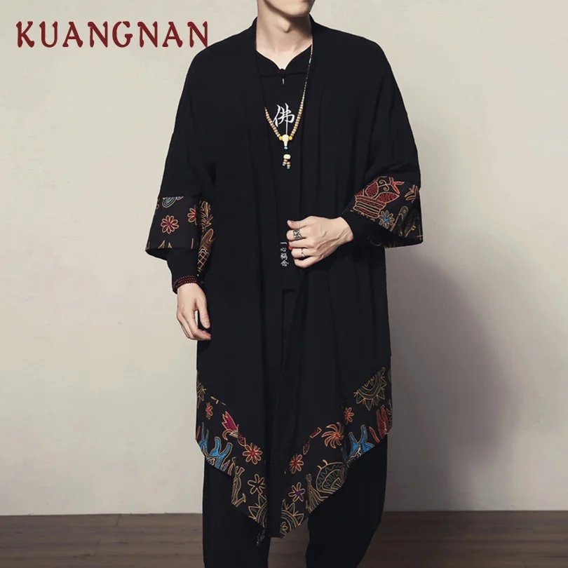 Black KUANGNAN, китайский стиль, мужская рубашка, блузка, кимоно, халат, Мужская черная рубашка, мужское кимоно, длинное, s, кимоно, рубашка, мода, новинка - Цвет: Black