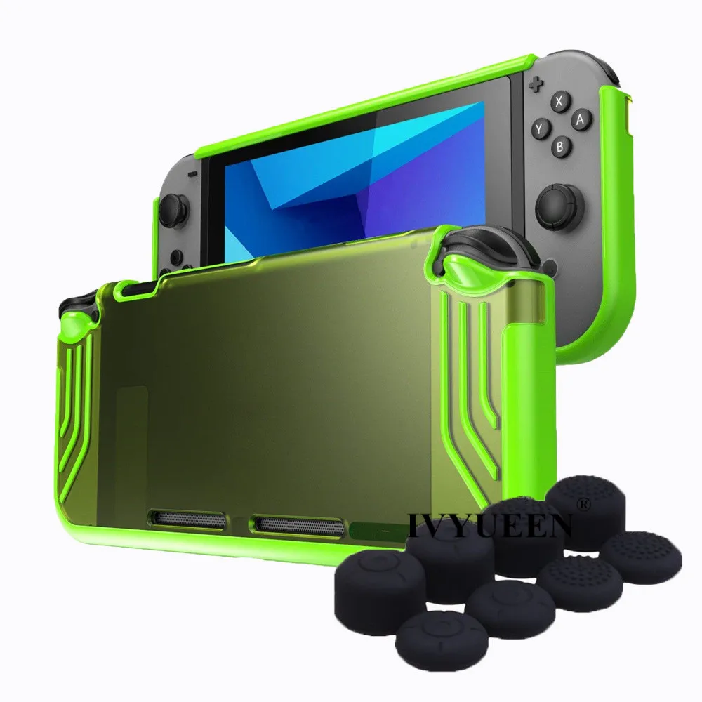 Green Case with Caps Чехол IVYUEEN для Nintendo Switch Console Premium Тонкий прозрачный гибридный защитный чехол из ТПУ для игровой оболочки-черный/зеленый/фиолетовый - Цвет: Green Case with Caps