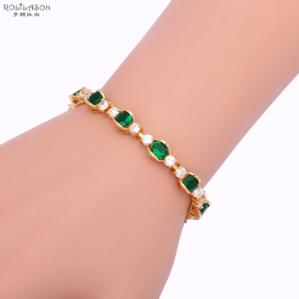 ROLILASON отлично Декор Золотой себестоимость Шарм Браслеты зеленый и белый циркон