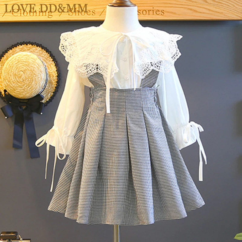 Белый LOVE DD& MM/комплекты для девочек г. Новая весенняя Милая Кружевная кукольная рубашка для девочек+ модное клетчатое платье на бретелях для принцесс - Цвет: Белый