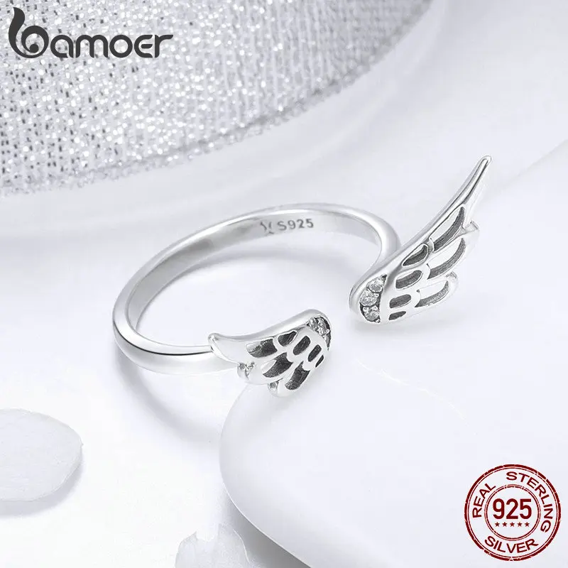 BAMOER, подлинные, 925 пробы, серебряные, классические, перья, крылья, регулируемые, на палец, кольца для женщин, для свадьбы, помолвки, ювелирные изделия SCR457
