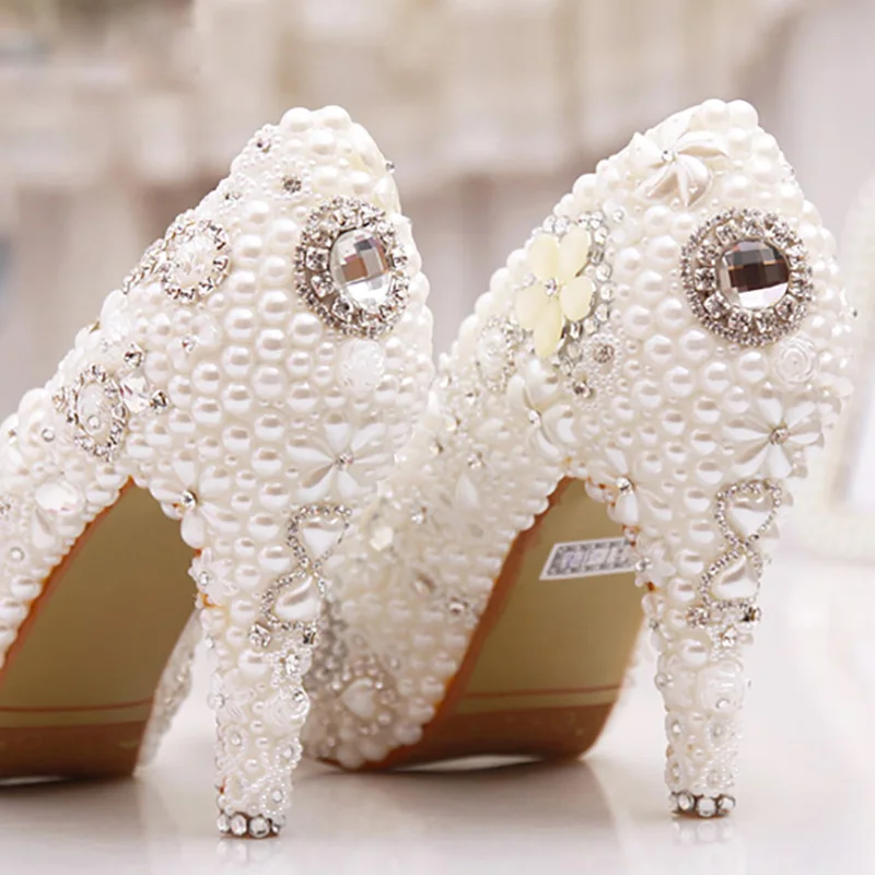 

Pearl Women Wedding Shoes Crystal Bridal Evening Party White Pumps Super High Heel Round Toe Platform Shoes Sexy Lady Big Size