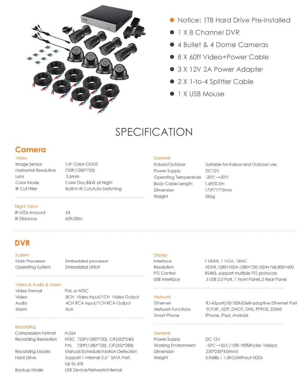 ZOSI 8CH 1080N TVI H.264+ 1 ТБ 8CH DVR 8 720P Наружная цилиндрическая/купольная CCTV видео система камер домашней безопасности комплекты видеонаблюдения
