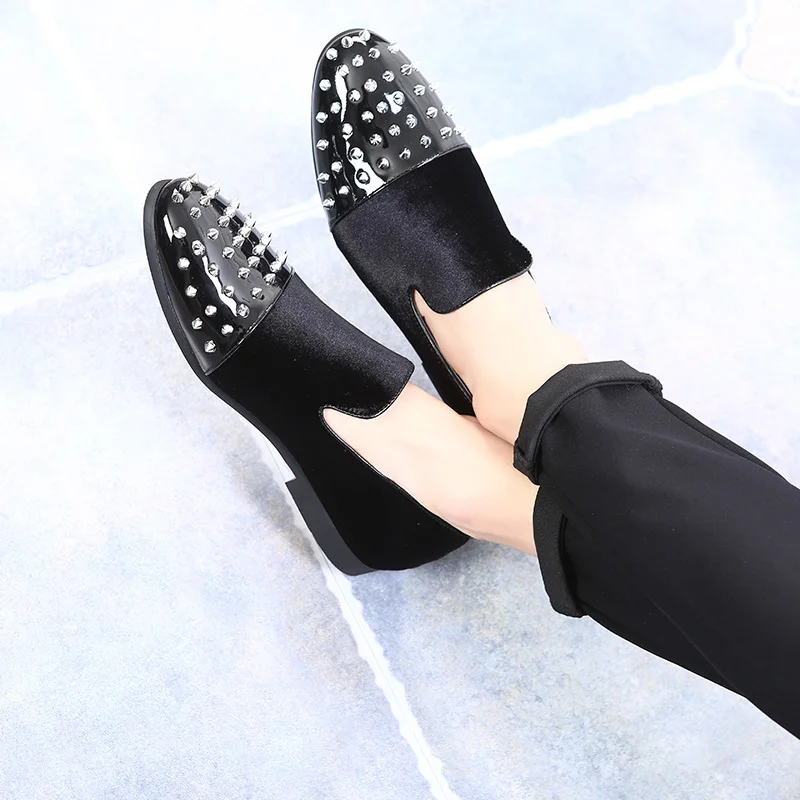 2019 Fashion Silver Spikes Men Rivet Loafers Patent Leather Toe Slip-on Velvet Flats Plus Size EU37-48 Casual Shoes | Обувь