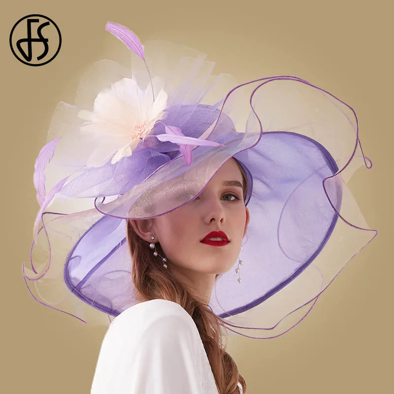 Purple Sun Hat FS большой цветок органза солнцезащитные шляпы для женщин с большими полями Свадьба элегантная дамская шляпа Кентукки Дерби шляпы-федоры для посещения церкви пляжная кепка Складная - Цвет: Purple Sun Hat