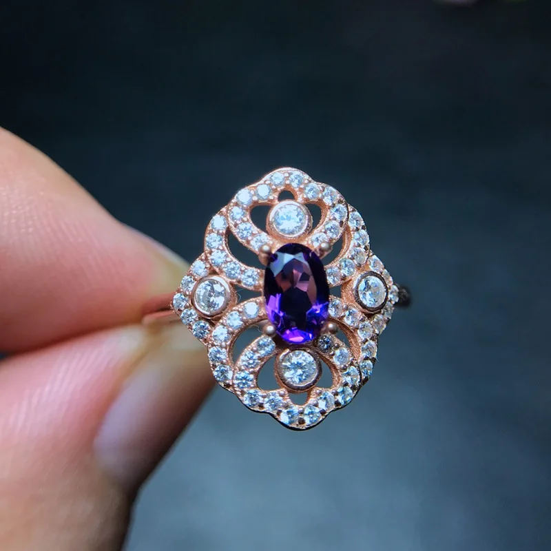 Rose gold plated MeiBaPJ натуральный аметистовый драгоченный камень модное цветочное кольцо для женщин Настоящее 925 пробы серебро прекрасный брелок ювелирные изделия - Цвет камня: Rose gold plated