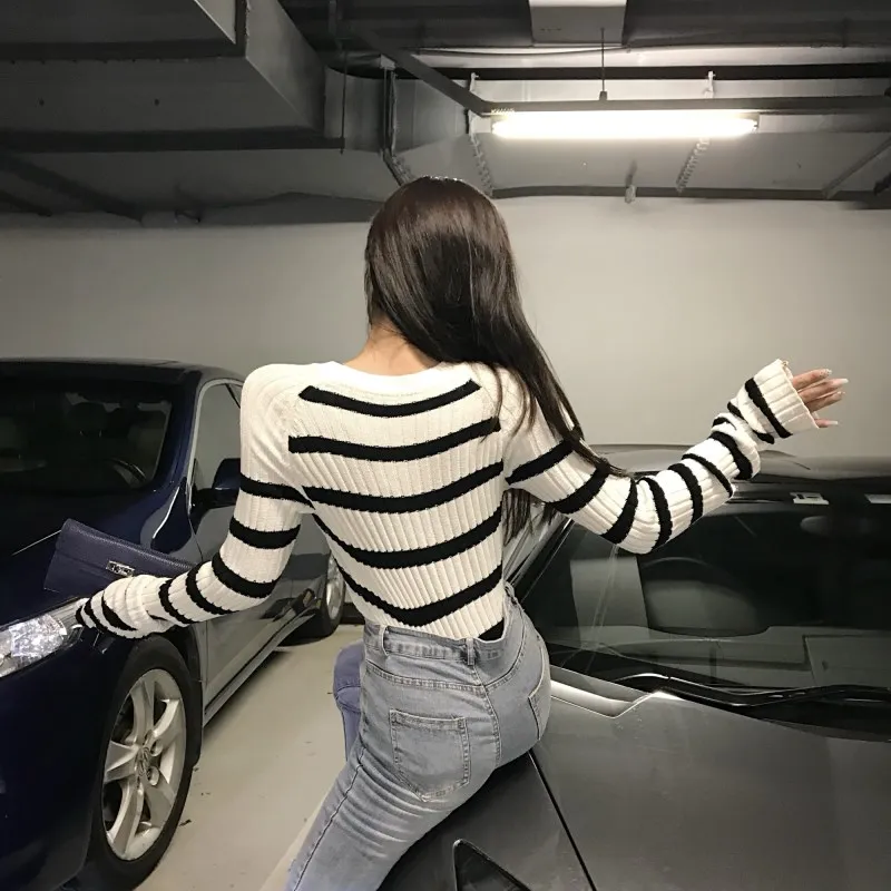 fashion Sexy pullover sweater striped stitching slim short women | Женская одежда