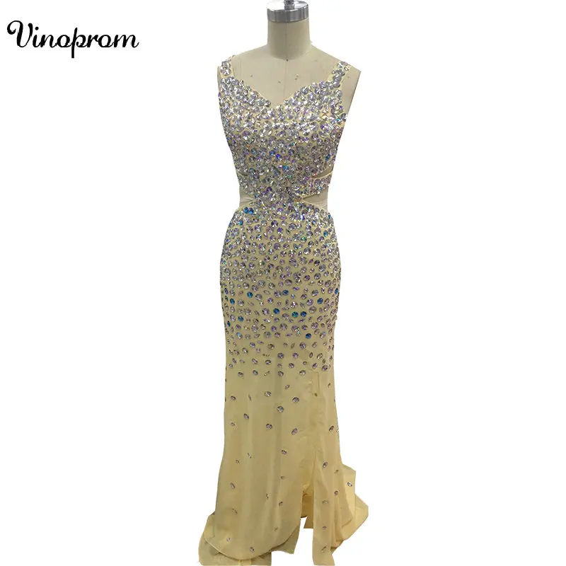 

Robe de soiree Sexy New Prom Dresses Sleeveless Mermaid Beading Crystal Chiffon Floor Length Evening Party Dress