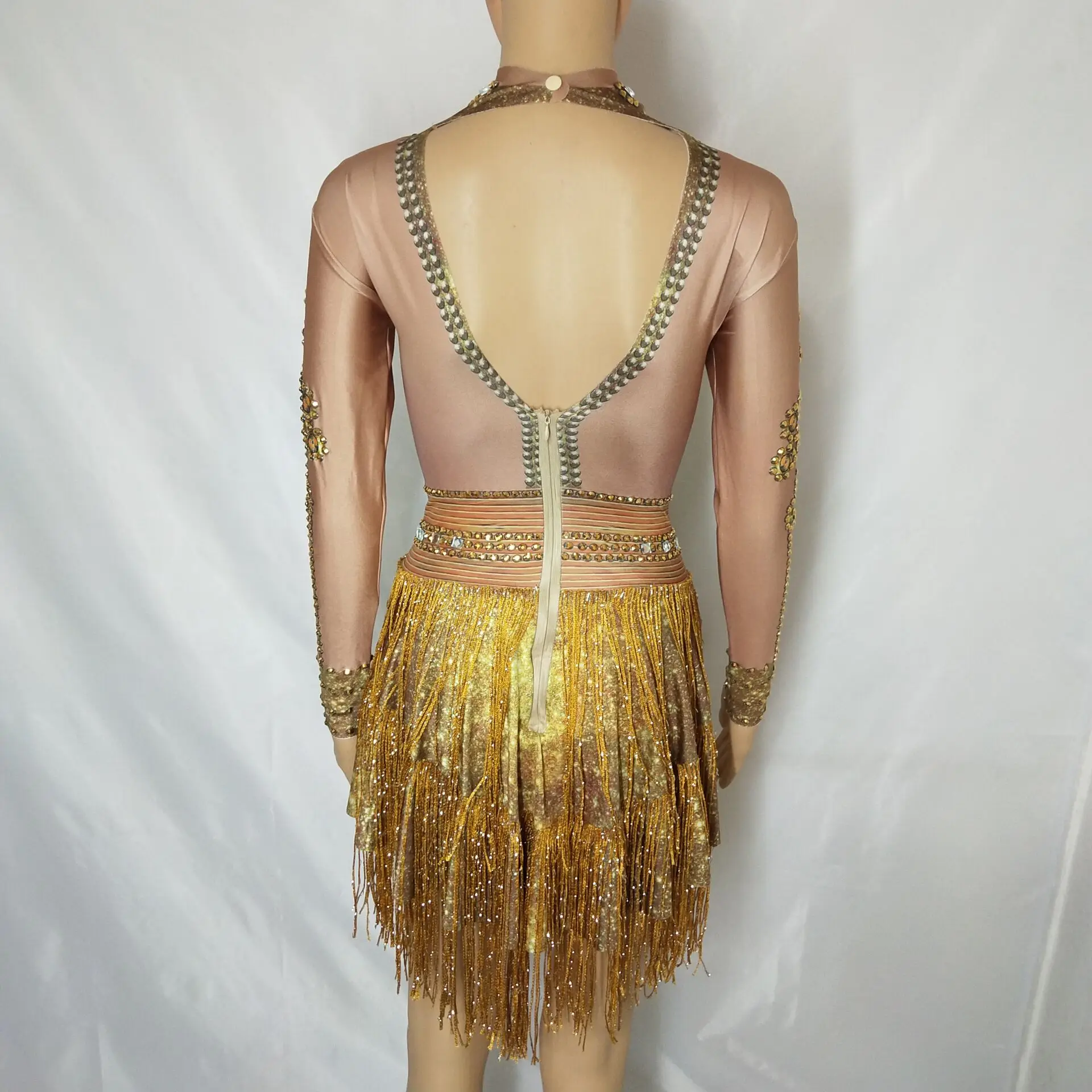 Блестящие стразы золотые кисточки женское эластичное короткое платье DJ Singer с