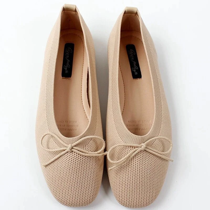 Beige Bowtie Bailehou/Новинка года; сезон весна; женские балетки на плоской подошве; дышащие вязаные Мягкие Мокасины с квадратным носком; Разноцветные балетки на плоской подошве с бантом - Цвет: Beige Bowtie