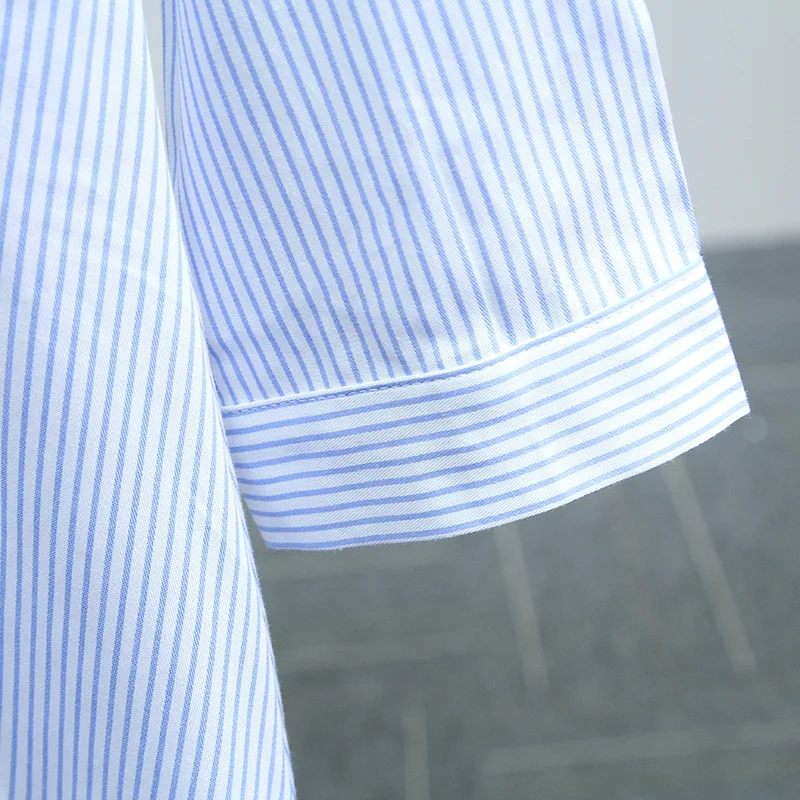 the spring of 2018 new stripe contracted with decorative embroidery 7 minutes sleeve cotton long dress in female | Женская одежда