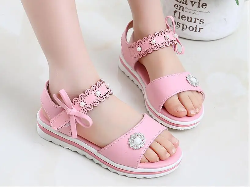 Новые модные Нескользящие сандалии с бантами украшенные жемчугом розового и