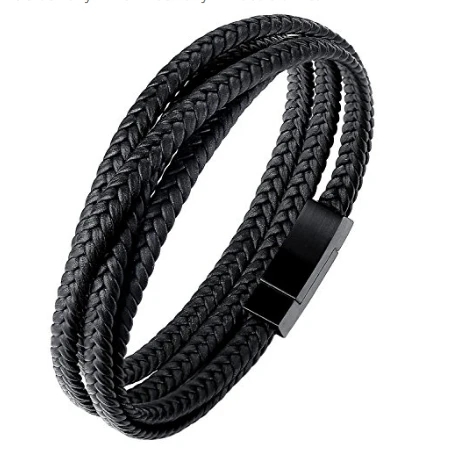 Мужской кожаный браслет с гравировкой логотипа плетеный из нержавеющей стали