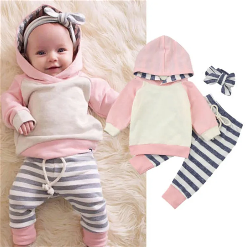 3PCS 2017 Autumn Cute Newborn Baby Boys Girls Clothing Set Patchwork Hooded Sweatshirt +Striped Leggings Pants Outfits Warm Suit | Детская