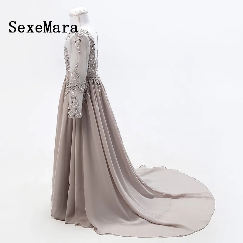 Real Picture Grey Long Sleeves Flower Girl Dresses for Wedding Diamond Sequined Lace First Communion dresses girls | Детская одежда и