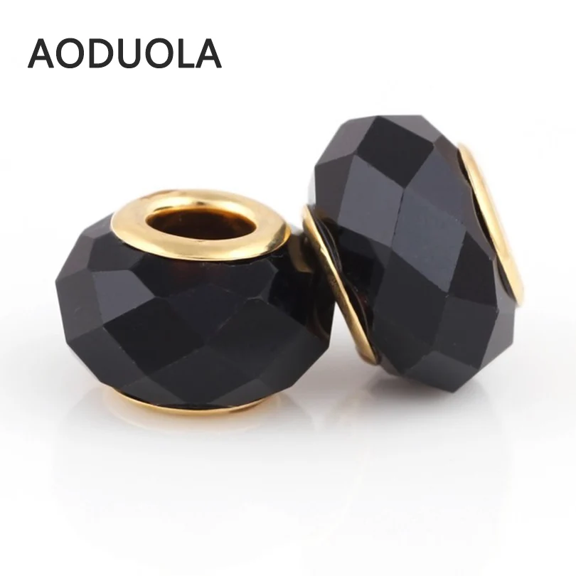 10 Pcs a Lot Gold-Color Black faceted Glass Beads Fit For Pandora Charms Bracelet Round DIY Murano Big Hole Charm | Украшения и