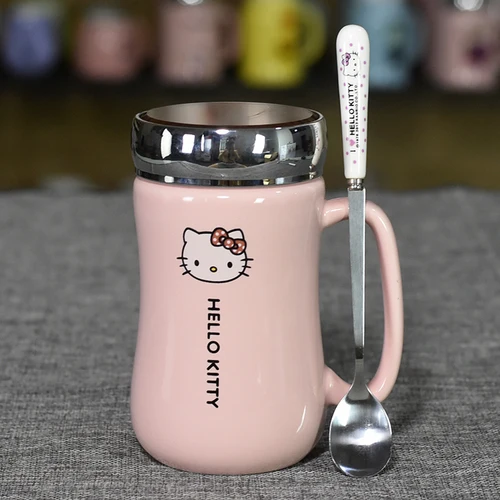 LM1142 керамические бутылки для воды с рисунком hello kitty, для девушек, 430 мл, кружка-чайник с чашкой, коврик, ложка, крышка, можно использовать как зеркало - Цвет: as picture 1