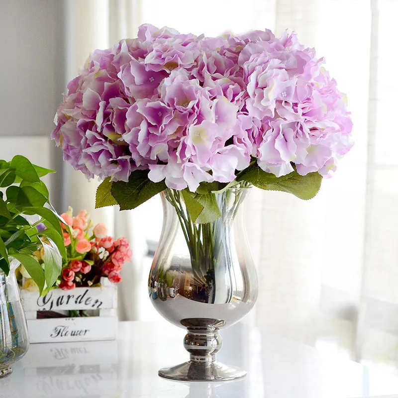 light purple Искусственный цветок для украшения, 5 голов, шелковая Гортензия для свадьбы, вечерние, домашний декор, искусственные цветы, большой букет - Цвет: light purple