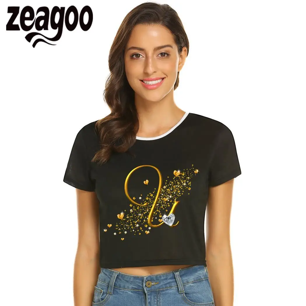 zeagoo LetterU2 Casual O-Neck Short Sleeve Solid Exposed Navel T-Shirt Women | Женская одежда