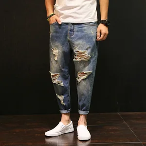 Imported Men Baggy Ripped hole denim pants Male Distressed Harem Jeans Oversize 42 Hip Hop Cropped jean pants