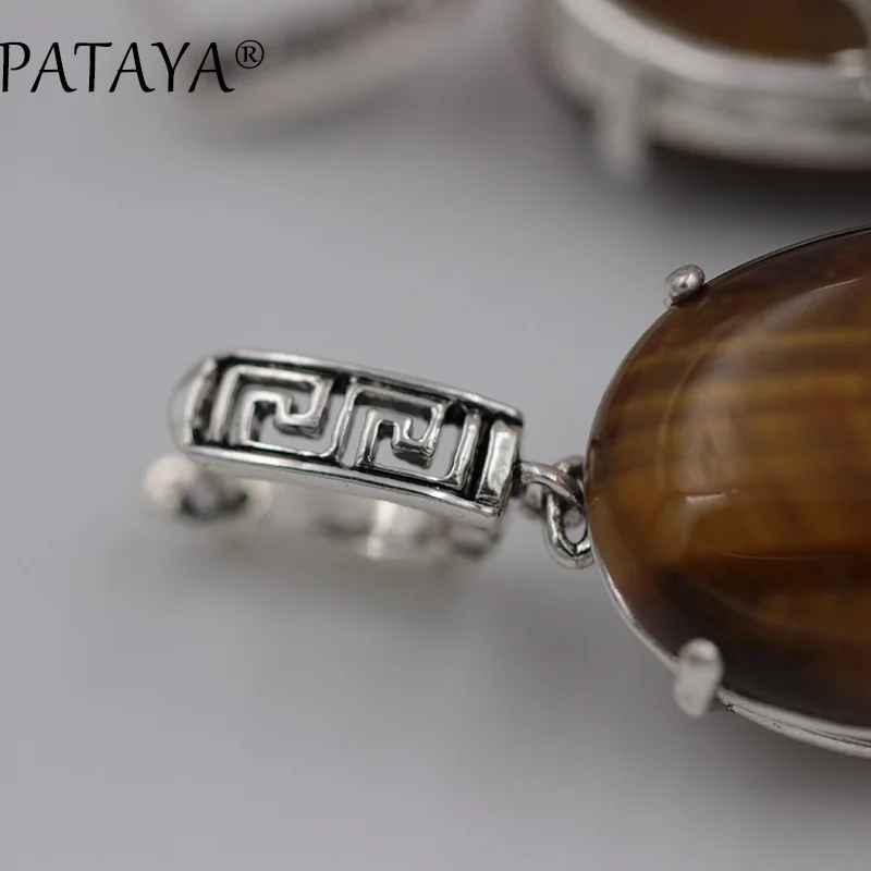 PATAYA, Новое поступление, древнее серебро, протертая Черная задняя часть, полый ювелирный набор, прекрасный натуральный камень тигра, большие серьги, набор колец, свадебный набор