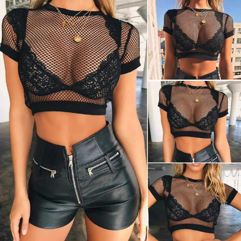 2019 Новая мода женский короткий топ сетку футболки сексуальные топы с коротким