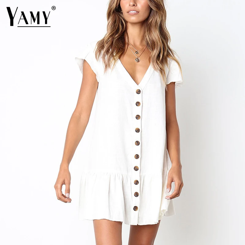 Женское летнее платье корейское с оборками на пуговицах белое 2018 короткий рукав