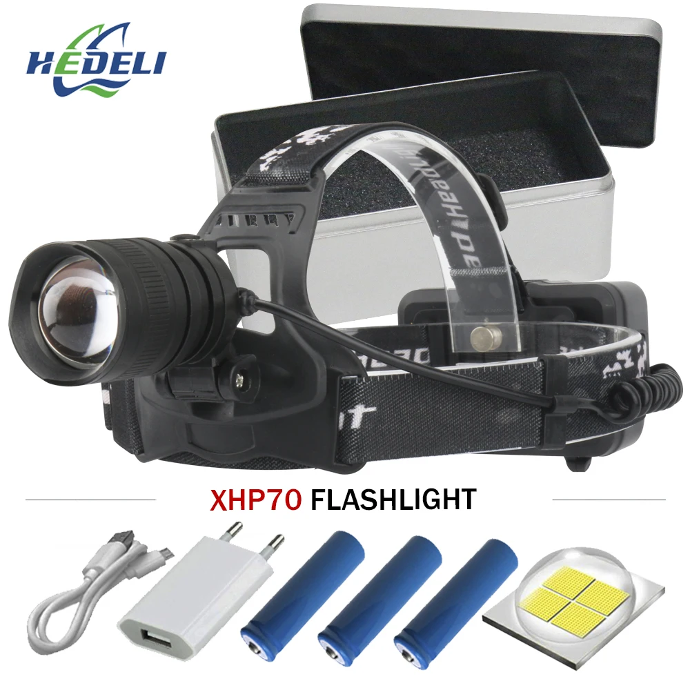 Мощный светодиодный налобный фонарь xhp70, головной светильник, Led p70 cob xml t6, перезаряжаемый фонарь, налобный светильник, Головной фонарь, фонарь, головной светильник