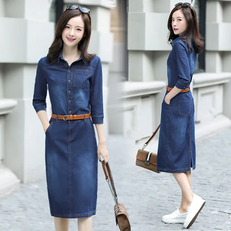 2019 сезон: весна–лето Для женщин платье из джинсовой ткани офис леди отложным