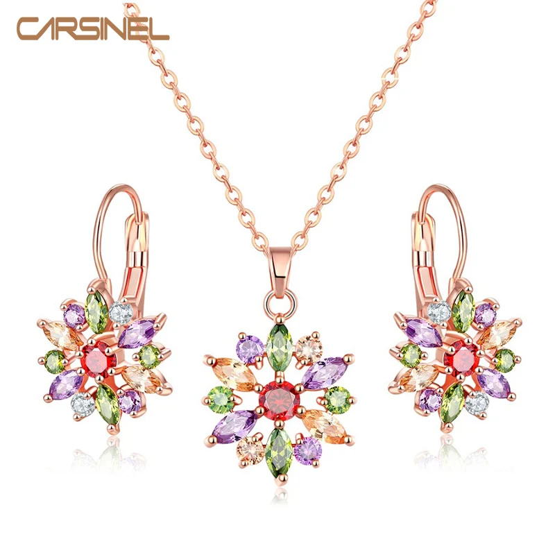 CARSINEL Цветок Ювелирные наборы для женщин Свадьба розовое золото цвет AAA